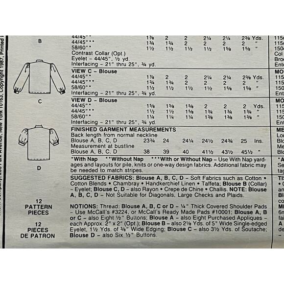 McCalls 3377 pattern blouse button down puff sleeve half sleeve size 8 10 12 - Picture 5 of 7